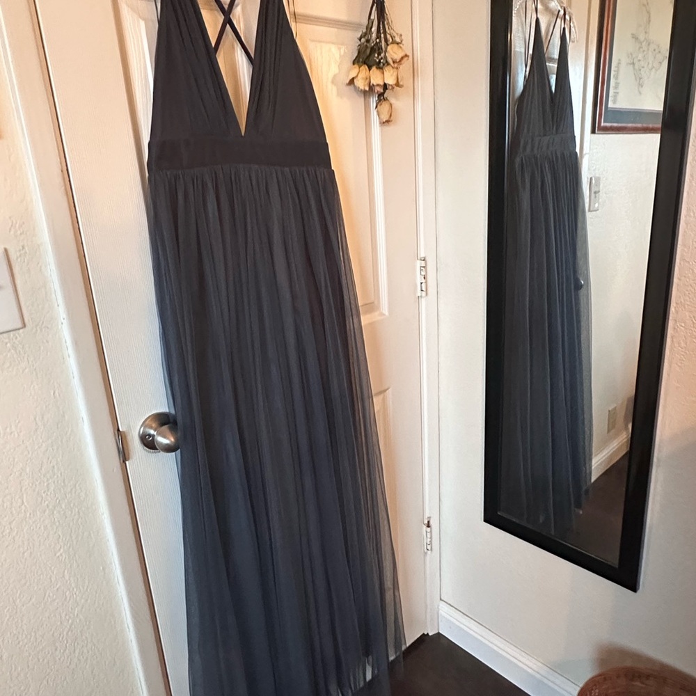 Baltic Born Charcoal Tulle Gown With Leg Slit